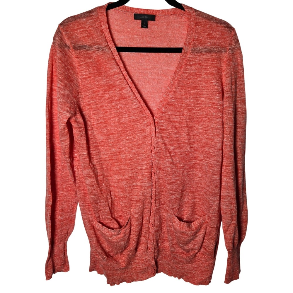 J Crew Womens Marled Linen Blend Vneck Cardigan Sweater Medium Coastal Knit